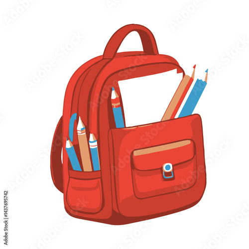 A cartoon school bag icon in red colour