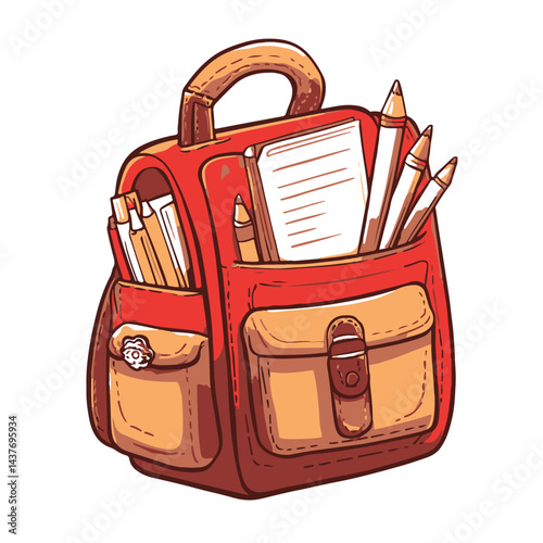 A cartoon school bag icon in red colour