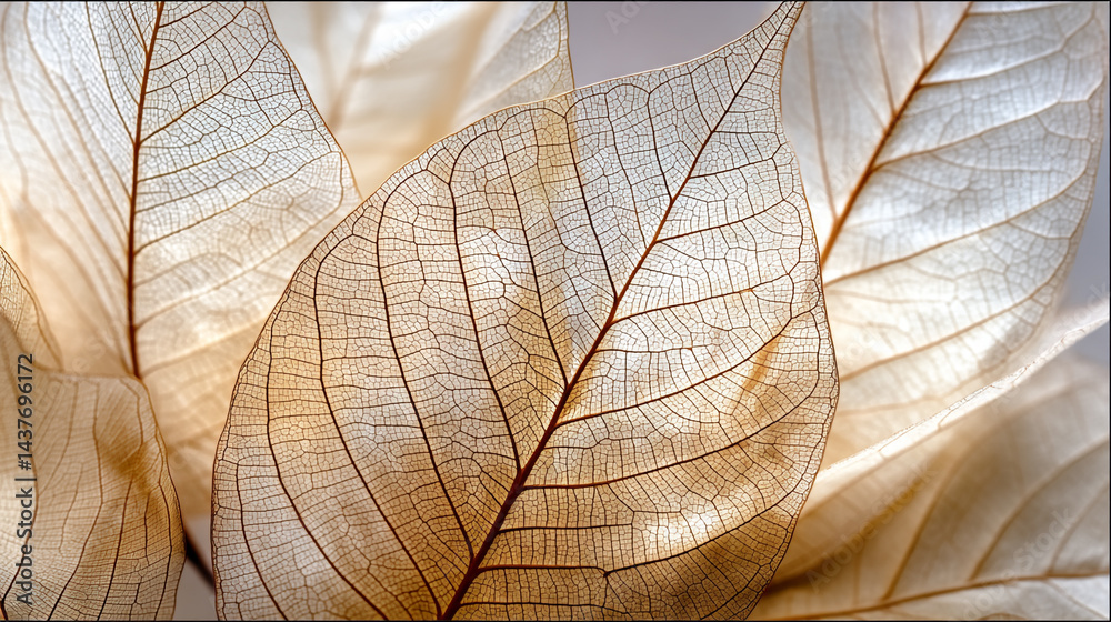 A macro close-up of a red autumn leaf reveals, Abstract of flower petals, beige transparent leaves with natural texture, Delicate beige leaf arrangement close-up