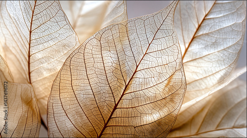 A macro close-up of a red autumn leaf reveals, Abstract of flower petals, beige transparent leaves with natural texture, Delicate beige leaf arrangement close-up