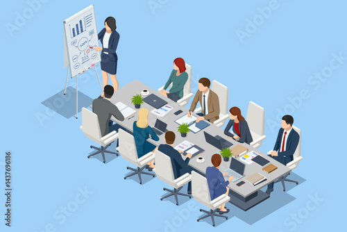 Isometric scene of people analyzing business charts and graphs on a flipchart during a strategy discussion. Flipchart with Business Profit Graphs and Analytics. Team Discussion on Business Strategy