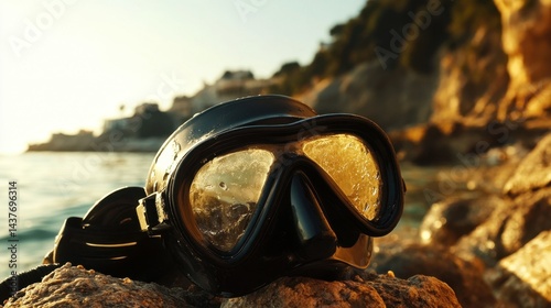 Bright snorkel mask and fins abandoned on a sunlit rocky shore