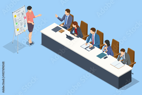 Isometric scene of people analyzing business charts and graphs on a flipchart during a strategy discussion. Flipchart with Business Profit Graphs and Analytics. Team Discussion on Business Strategy