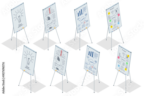 Isometric vector of flipcharts showing detailed business strategy and analytics diagrams with colorful notes. Flipchart with Business Profit Graphs and Analytics