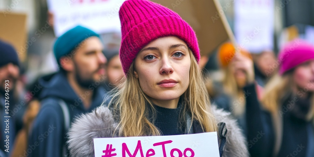 A young woman stands out in a crowd during a protest. She wears a bright pink hat and holds a sign with the MeToo message. This powerful image captures unity and strength. AI