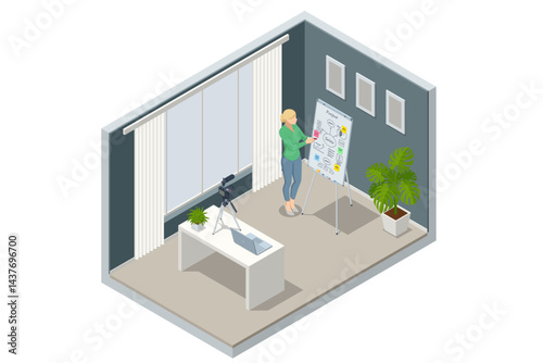 Isometric scene of a woman presenting a sales project strategy on a flipchart in a modern office room with a laptop, camera for online recording. Flipchart with Business Profit Graphs and Analytics