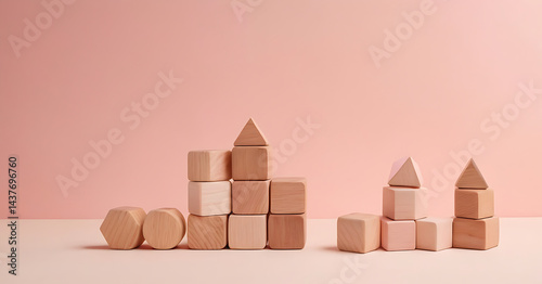 Pastel Wooden Blocks Geometric Shapes Building Toys Pink Background Childrens Educational Play