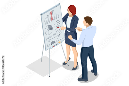 Isometric scene of two people analyzing business charts and graphs on a flipchart during a strategy discussion. Flipchart with Business Profit Graphs and Analytics. Team Discussion on Business