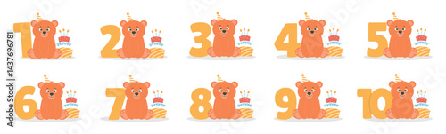 Cute bear character, cake with candles, number from 1 before 10 vector set. Beautiful elements for Kids Birthday Party invitation, greeting card, poster, event, prints and cake toppers design