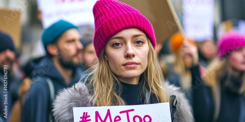 A young woman stands out in a crowd during a protest. She wears a bright pink hat and holds a sign with the MeToo message. This powerful image captures unity and strength. AI