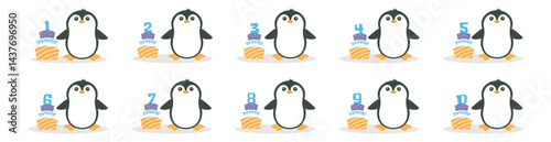 Cute penguin character and cake with number vector set. Beautiful elements for Kids Birthday Party invitation, greeting card, poster, event, prints and cake toppers design