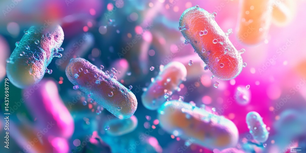 Colorful depiction of bacteria in a vibrant environment. This artistic representation captures the beauty of microscopic life. Ideal for educational and scientific content. AI