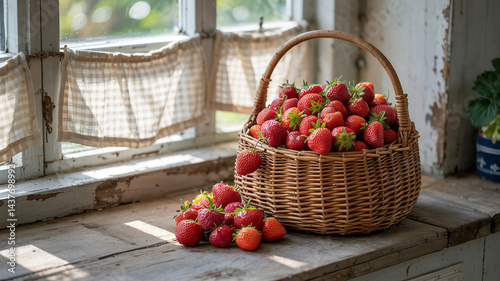 A basket of fresh strawberries decorates a rustic kitchen windowsill
