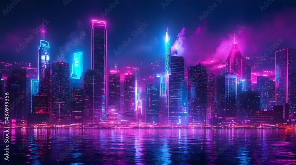 Vibrant Futuristic City Skyline with Neon Illuminations at Night Vibrant Futuristic City Skyline with Neon Illuminations at Night