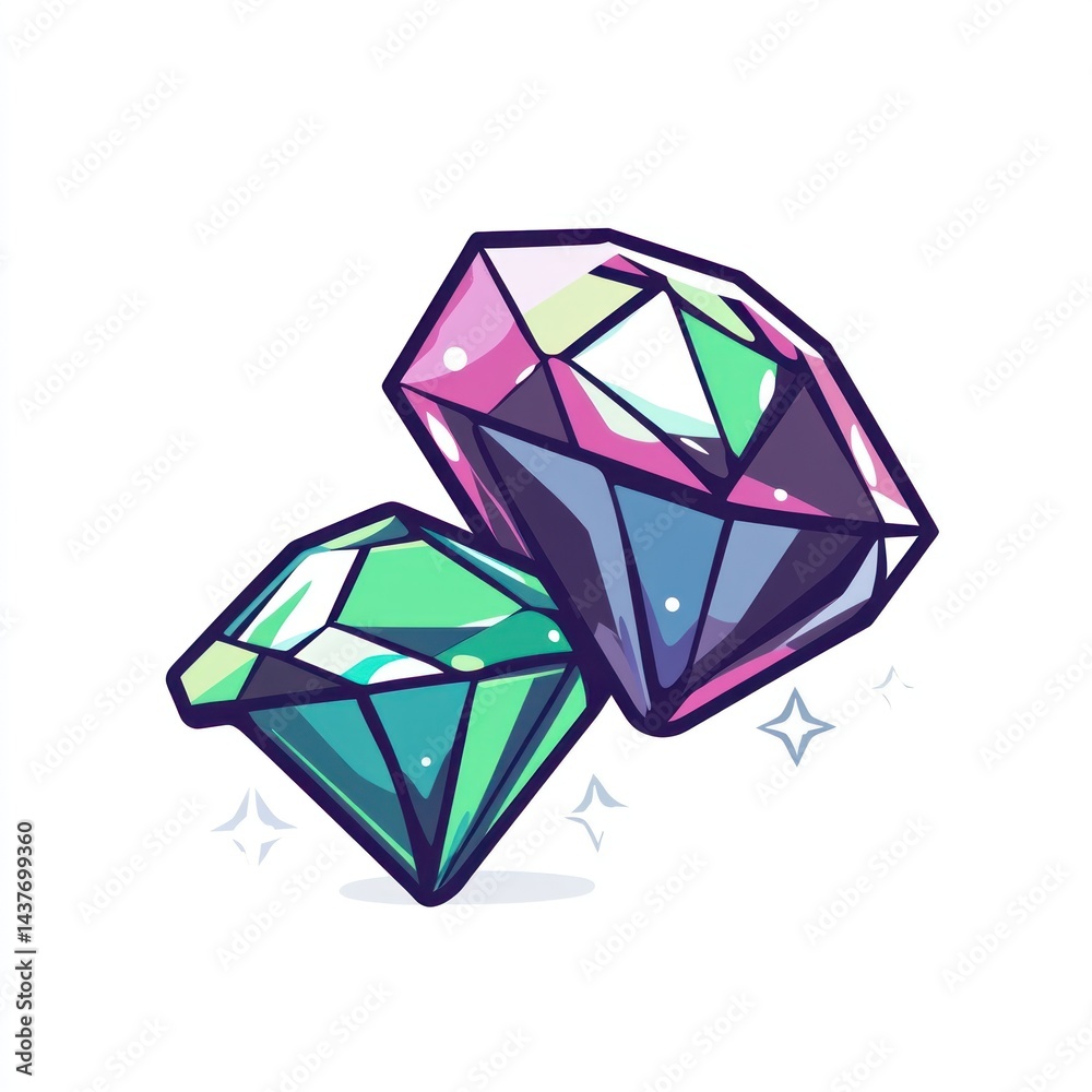 Fototapeta premium Colorful gemstones floating, white background, game asset