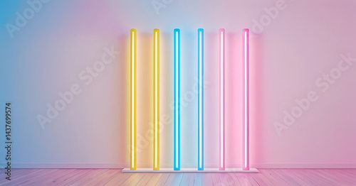 Vibrant Neon Lights illuminate a minimalist interior space creating a modern and colorful ambiance.