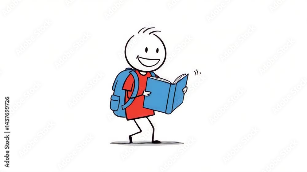 Joyful Stick Figure Student Reading Textbook with Backpack Joyful Stick Figure Student Reading Textbook with Backpack