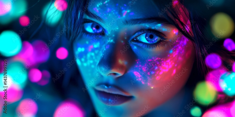 A captivating portrait of a woman with glowing paint on her face. The vibrant colors create an ethereal mood. Ideal for art, fashion, or creative projects. Bright and striking. AI