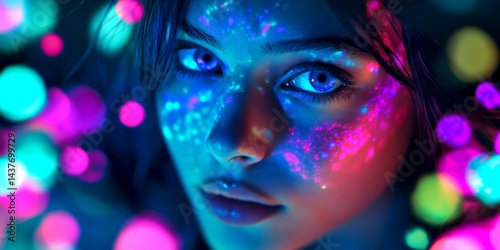 Obraz na płótnie A captivating portrait of a woman with glowing paint on her face. The vibrant colors create an ethereal mood. Ideal for art, fashion, or creative projects. Bright and striking. AI w salonie