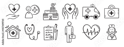 Medical kit, hospital, clinic doodle hand drawn icon set. Outline drawing stethoscope, report, healthcare, doctor, patient, line clipart symbol