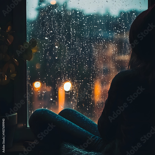A woman is sitting in front of a window with raindrops on it