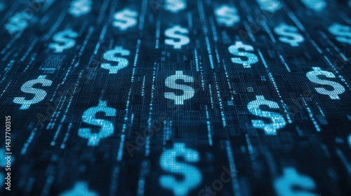 Digital dollar symbols in a matrix effect on a dark background