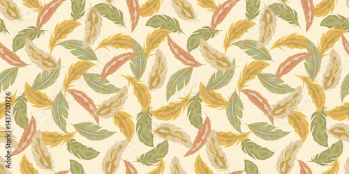 Seamless pattern with decorative feathers in boho colors. Bright seamless vector pattern with feathers in the pastel palette. Ideal for textiles, packaging, wallpaper, postcards and backgrounds.
