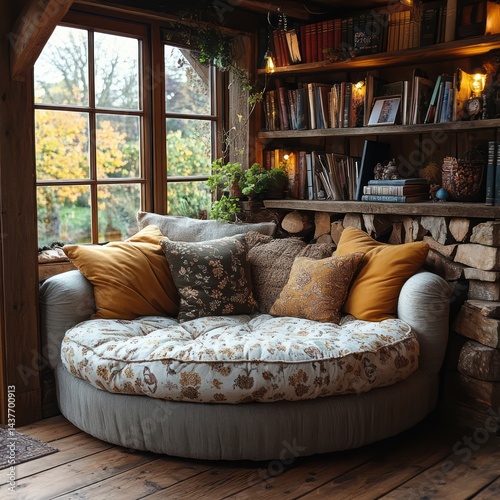 Cozy round sofa with pillows near window and bookshelf in rustic room.
