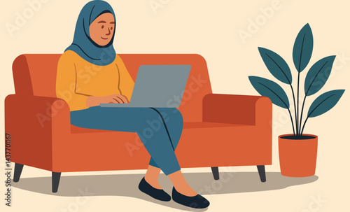 A woman with hijab remote working at home