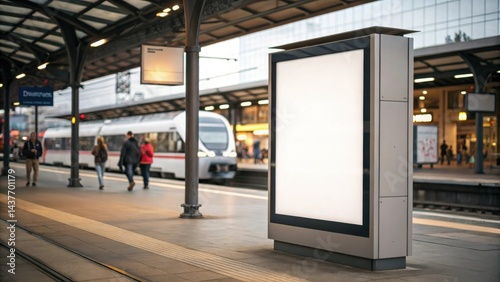 Large empty advertising billboard on a bustling railway platform with people boarding modern trains in a bright urban station.