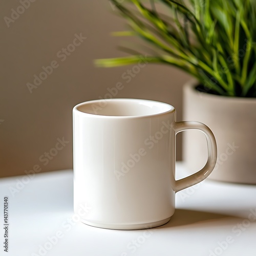 A completely white, unadorned mug sample sits on the table, with no text or design on its surface.