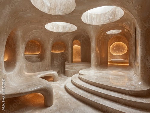 Interior view of a modern cave-like structure with smooth walls and circular skylights.