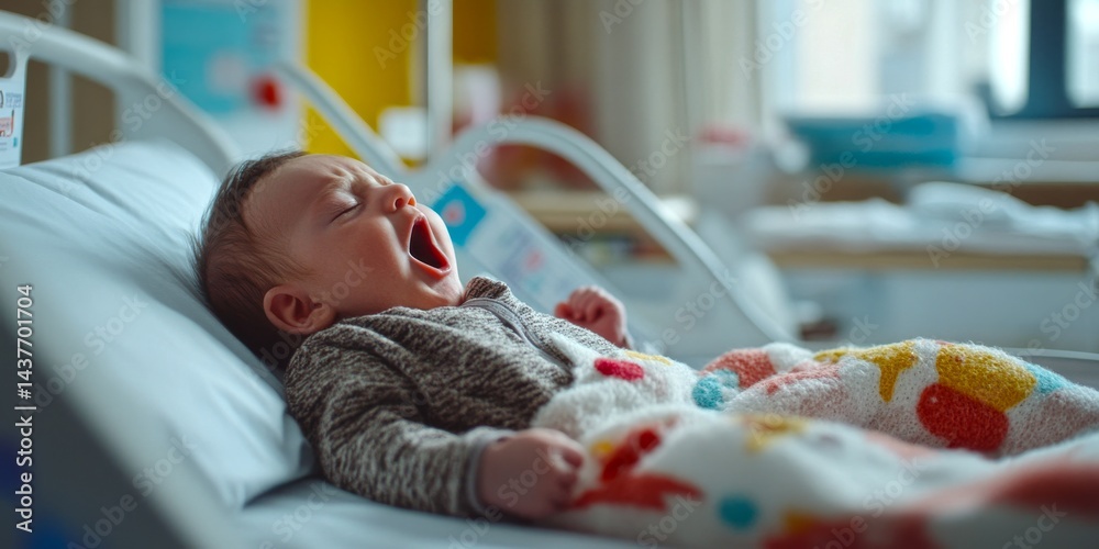 A sleepy baby yawns in a hospital room. Soft colors create a calming atmosphere. The cozy blanket adds comfort to this precious moment. Perfect for health and family concepts. AI