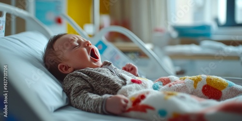 Obraz na płótnie A sleepy baby yawns in a hospital room. Soft colors create a calming atmosphere. The cozy blanket adds comfort to this precious moment. Perfect for health and family concepts. AI w salonie
