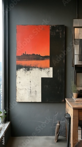 Abstract painting with red orange white and black colors hangs on gray wall.