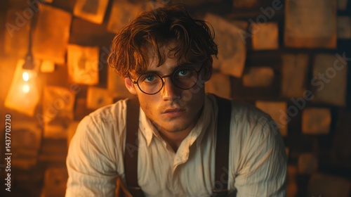 Man with glasses and suspenders sits in room with papers on the wall.