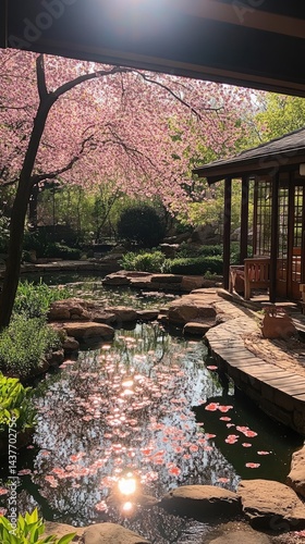 A serene japanese garden with blossoming cherry trees reflecting in a tranquil pond. photo