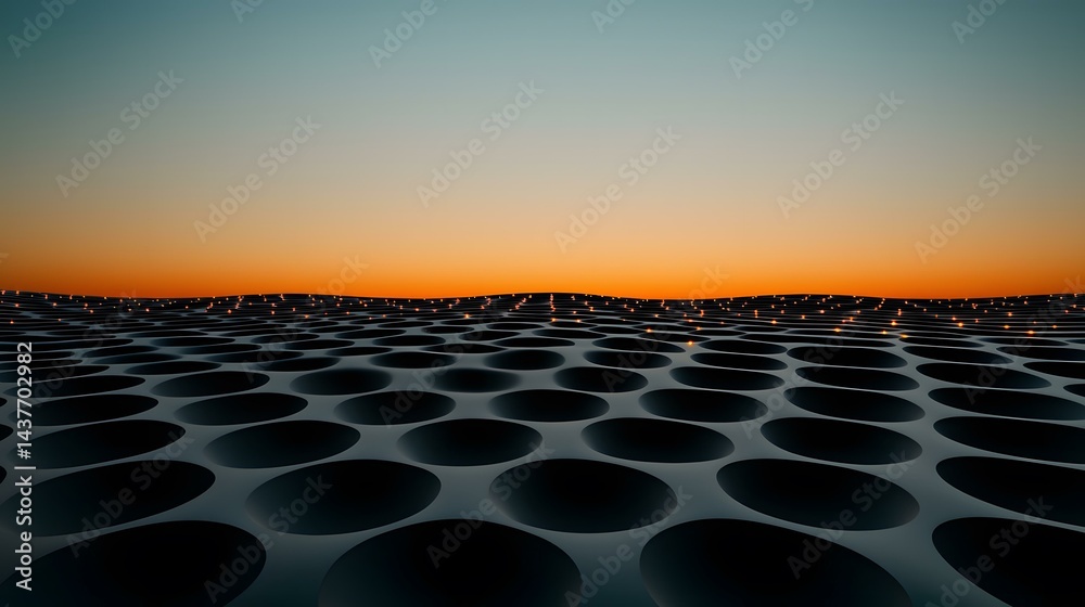 Obraz premium A dark, undulating surface patterned with regularly spaced, deep circular recesses is illuminated by small, scattered orange lights against an orange and teal sunset sky.