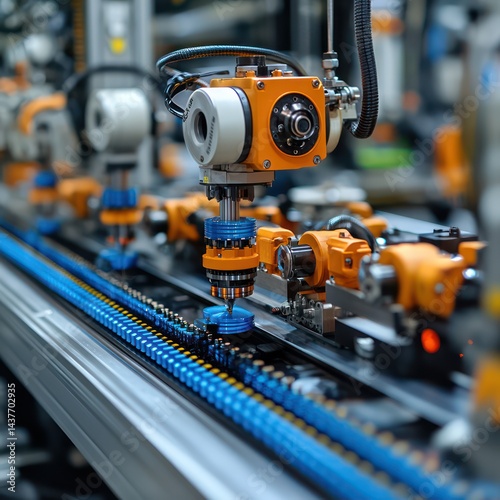 Automated machinery with orange components on a blue conveyor belt in a factory.