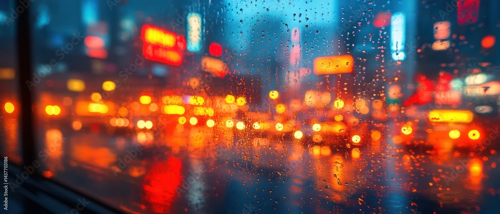 Fototapeta premium City street at night with bright lights and reflections on wet pavement.