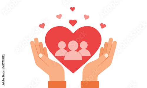 Offering Love and Support to a Group. A heartwarming vector illustration featuring two outstretched hands gently supporting a large red heart.