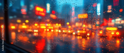 City street at night with bright lights and reflections on wet pavement.