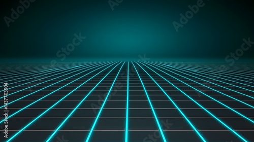 The image contains a dark teal background with a grid pattern of bright teal lines receding into the distance, creating a perspective effect reminiscent of a retro, futuristic, or cyberpunk style.