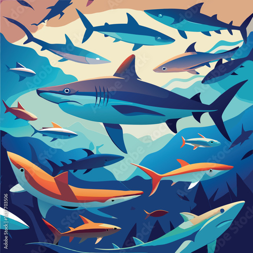 "Dynamic Shark Silhouette Collection Featuring Great White, Hammerhead, and Ocean Wildlife Scenes Vector Illustration"