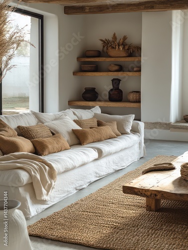 Bright living room interior with sofa pillows rug and wooden coffee table.