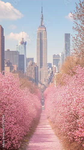 City skyline with tall buildings seen through pink flowering trees in spring.