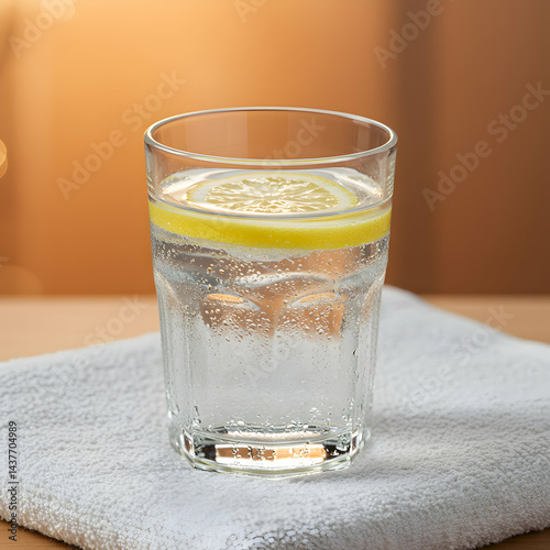 A clear glass filled with sparkling water and a lemon slice sitting on a white terrycloth towel