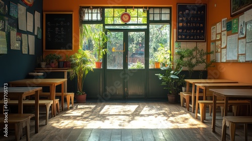 Interior view of a cafe or restaurant with tables chairs and natural light.