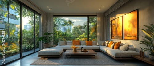Bright living room with large windows overlooking greenery and a sectional sofa.
