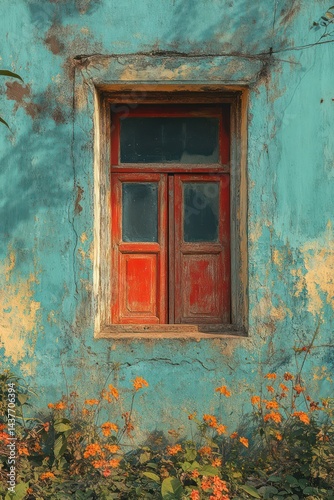 Red wooden window on a weathered blue wall with some plants at the bottom.